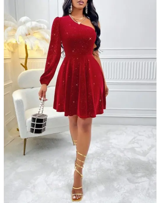 Kadın Tek Omuzdan Açık Uzun Kollu Taşlı Mini Elbise