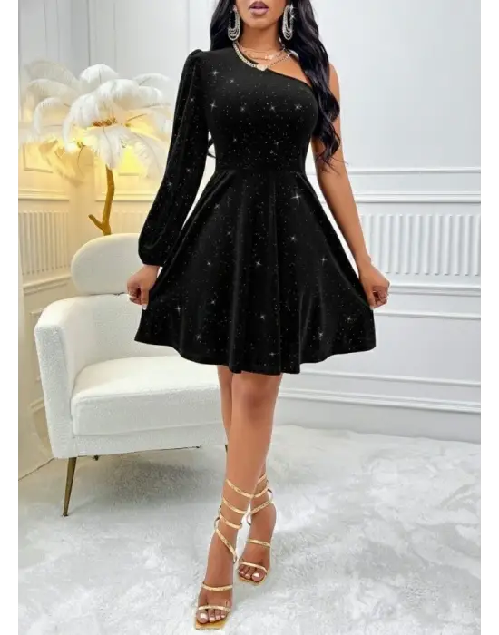 Kadın Tek Omuzdan Açık Uzun Kollu Taşlı Mini Elbise