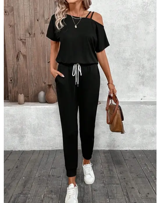 Kadın Tek Omuzdan Açık Viskon Iki Iplik Bluz Bağcıklı Pantolon Ikili Takım