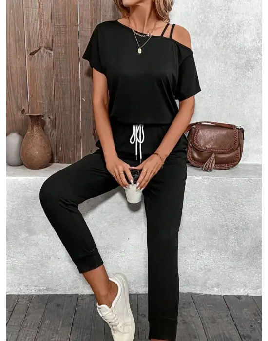 Kadın Tek Omuzdan Açık Viskon Iki Iplik Bluz Bağcıklı Pantolon Ikili Takım