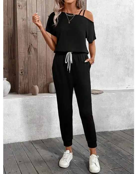 Kadın Tek Omuzdan Açık Viskon Iki Iplik Bluz Bağcıklı Pantolon Ikili Takım