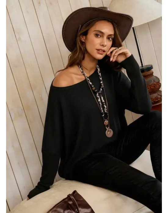 Kadın Tek Omuzdan Açık Yarasa Kollu Waffle Bluz