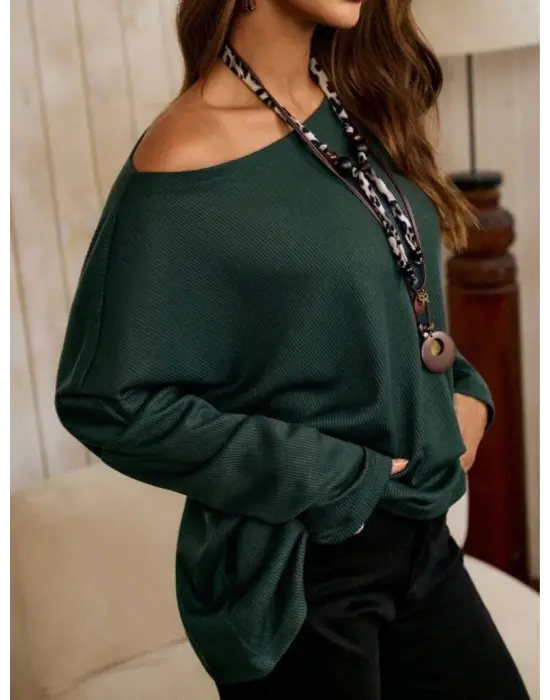 Kadın Tek Omuzdan Açık Yarasa Kollu Waffle Bluz