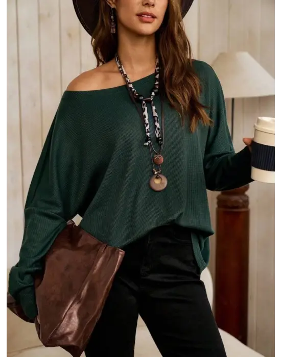 Enerjik Yarasa Kollu Waffle Bluz