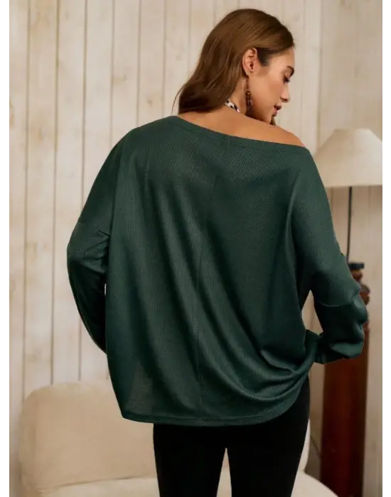 Kadın Tek Omuzdan Açık Yarasa Kollu Waffle Bluz