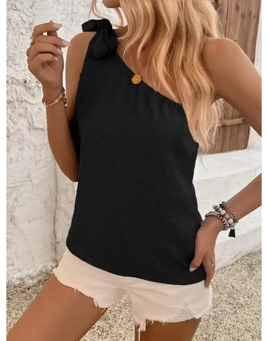Kadın Tek Omuzdan Askılı Bağcıklı Keten Bluz