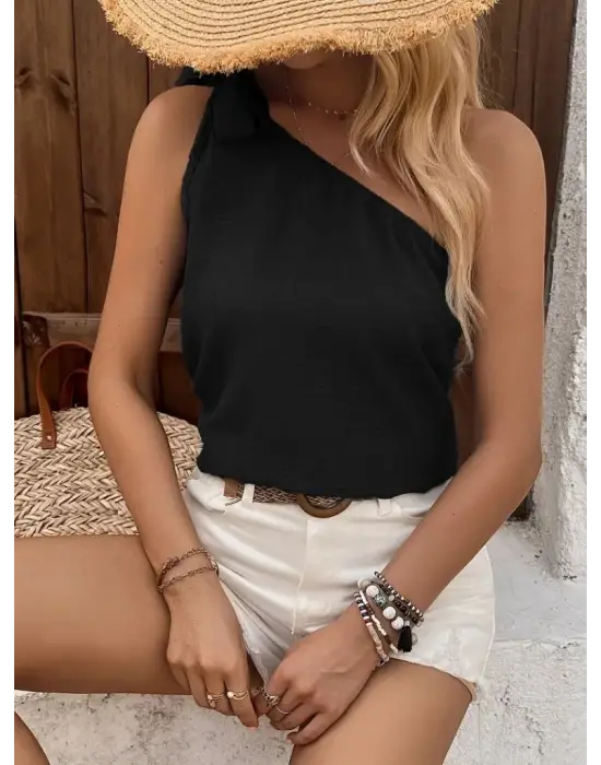 Kadın Tek Omuzdan Askılı Bağcıklı Keten Bluz