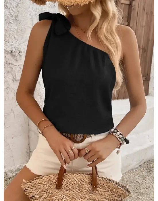 Kadın Tek Omuzdan Askılı Bağcıklı Keten Bluz