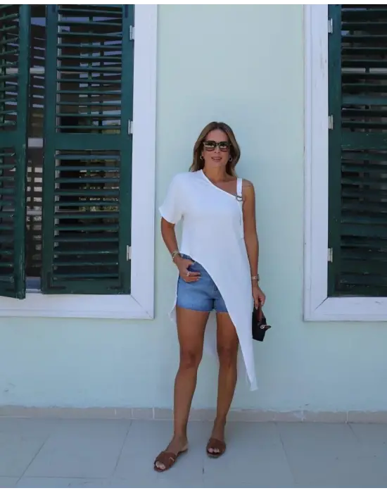 Omarı Asimetrik Kesim Tek Omuzlu Kadın Bluzu