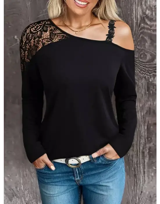 Kadın Tek Omuzu Açık Askılı Dantelli Viskon Bluz