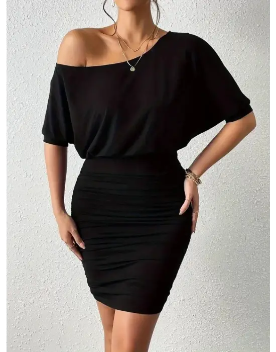 Kadın Tek Omuzu Açık Büzgülü Kısa Sandy Elbise