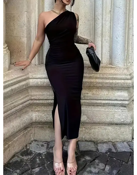 Kadın Tek Omuzu Açık Büzgülü Yandan Yırtmaçlı Uzun Sandy Elbise