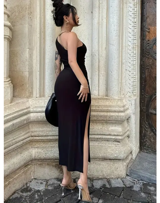 Kadın Tek Omuzu Açık Büzgülü Yandan Yırtmaçlı Uzun Sandy Elbise