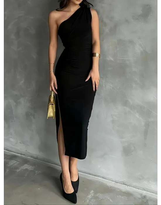 Kadın Tek Omuzu Açık Büzgülü Yandan Yırtmaçlı Uzun Sandy Elbise