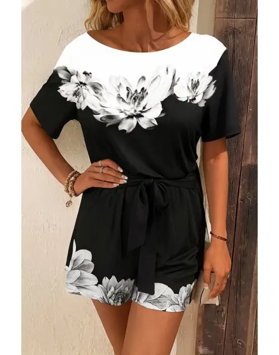 Kadın Tek Omuzu Açık çiçek Desenli Beli Kuşaklı Iki Iplik Mini Short Tulum