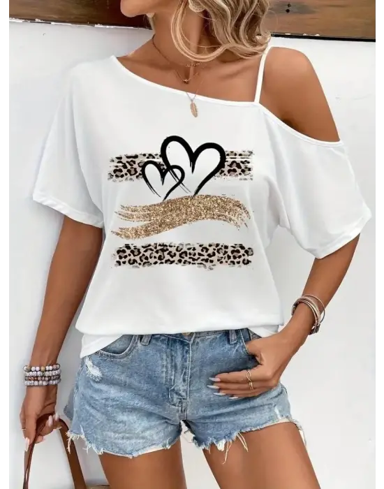 Kadın Tek Omuzu Açık Ip Askılı Baskılı Viskon Bluz