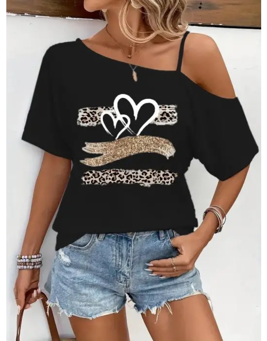 Tek Omuzu Açık İp Askılı Baskılı Viskon Bluz