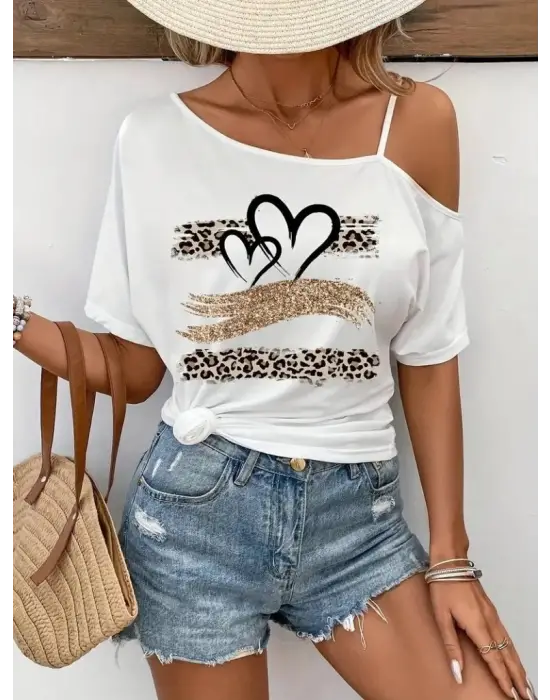 Kadın Tek Omuzu Açık Ip Askılı Baskılı Viskon Bluz