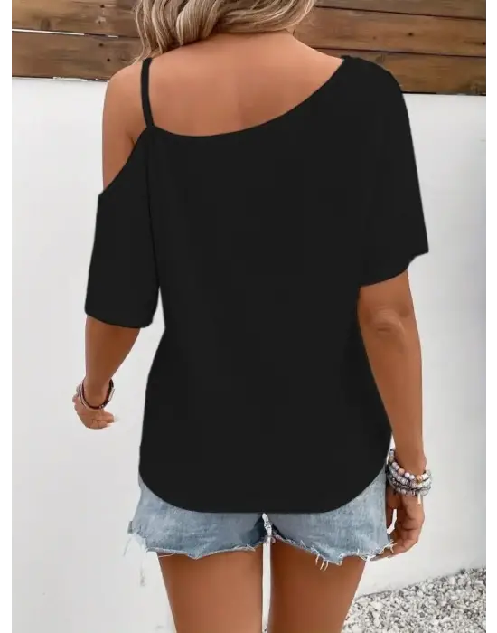 Tek Omuzu Açık İp Askılı Baskılı Viskon Bluz