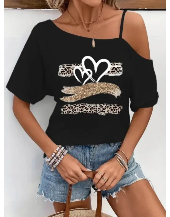 Tek Omuzu Açık İp Askılı Baskılı Viskon Bluz