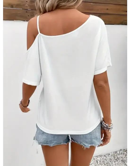 Kadın Tek Omuzu Açık Ip Askılı Baskılı Viskon Bluz