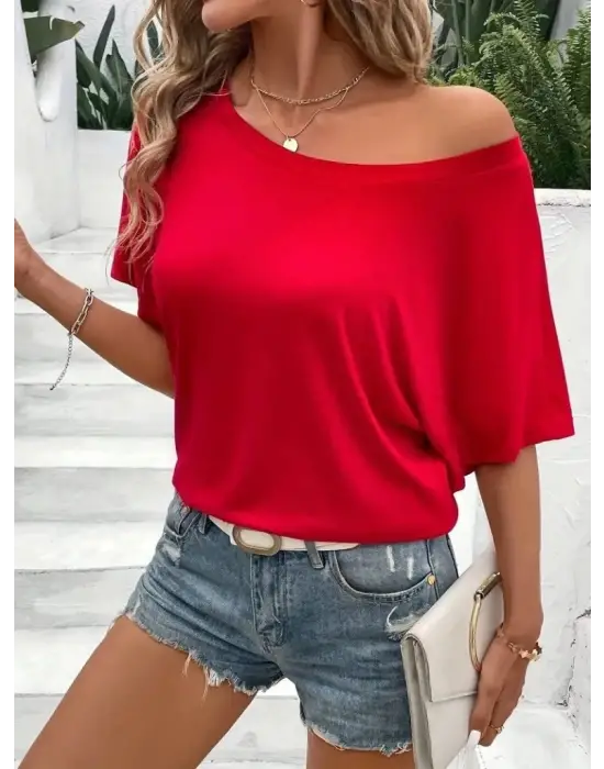 Kadın Tek Omuzu Açık Kısa Kollu Salaş Viskon Bluz