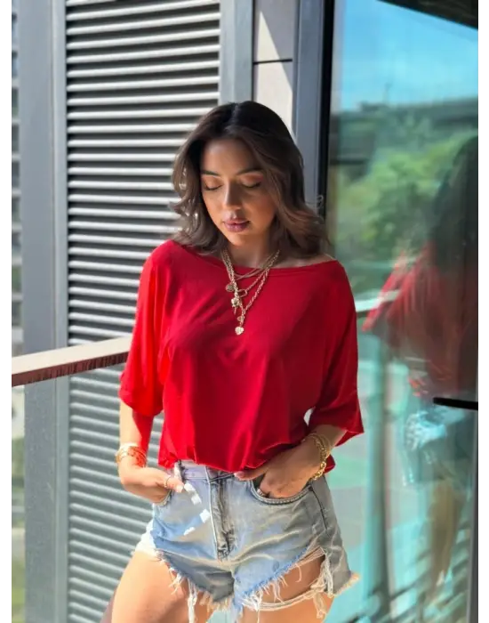 Kadın Tek Omuzu Açık Kısa Kollu Salaş Viskon Bluz