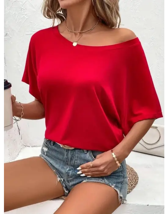 Kadın Tek Omuzu Açık Kısa Kollu Salaş Viskon Bluz