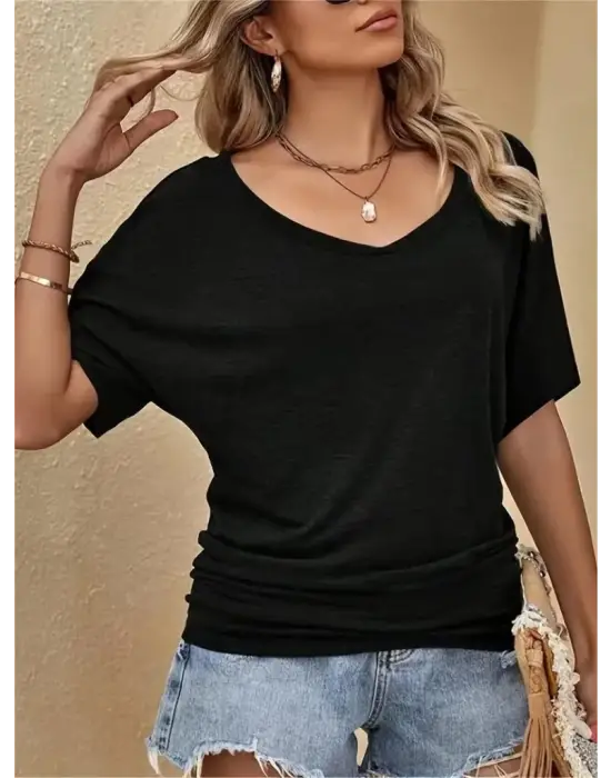 Kadın Tek Omuzu Açık Kısa Kollu Salaş Viskon Bluz