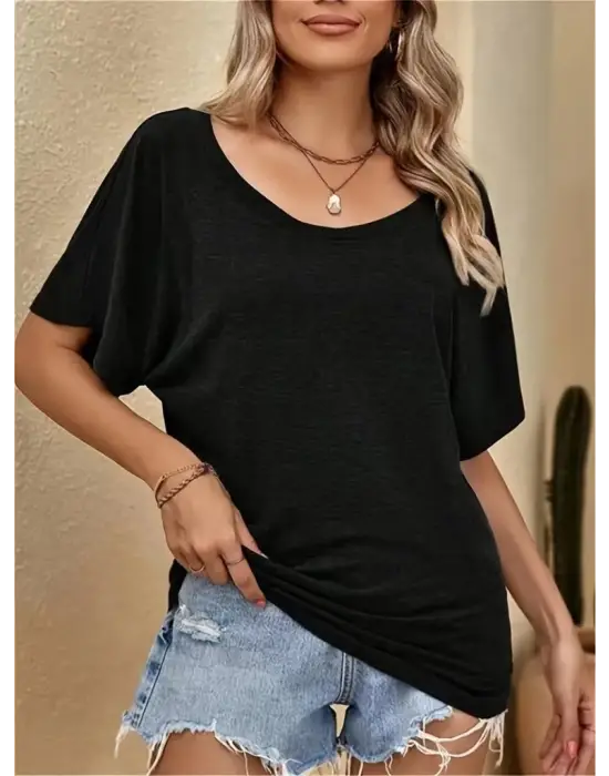 Kadın Tek Omuzu Açık Kısa Kollu Salaş Viskon Bluz