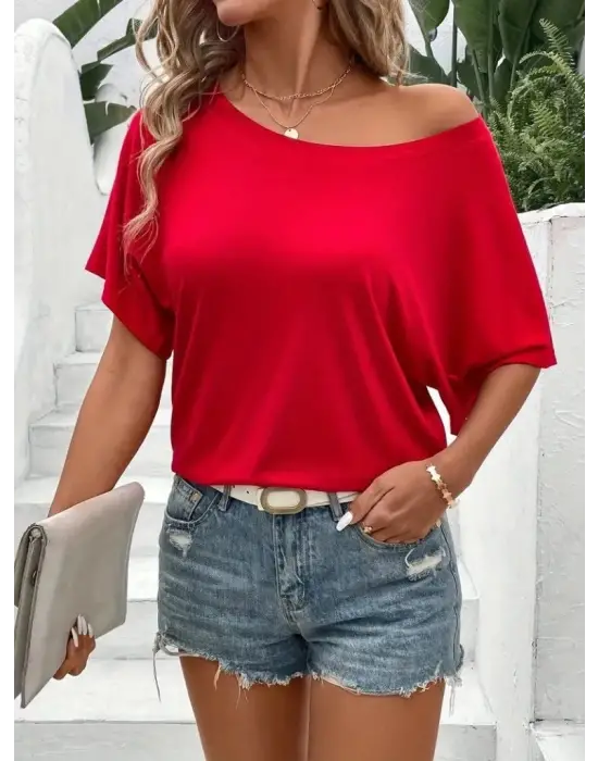 Kadın Tek Omuzu Açık Kısa Kollu Salaş Viskon Bluz