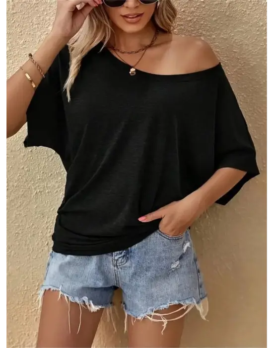 Kadın Tek Omuzu Açık Kısa Kollu Salaş Viskon Bluz