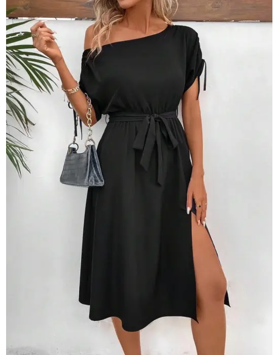 Omarı Fiyonk Detaylı Tek Omuz Viskon Elbise