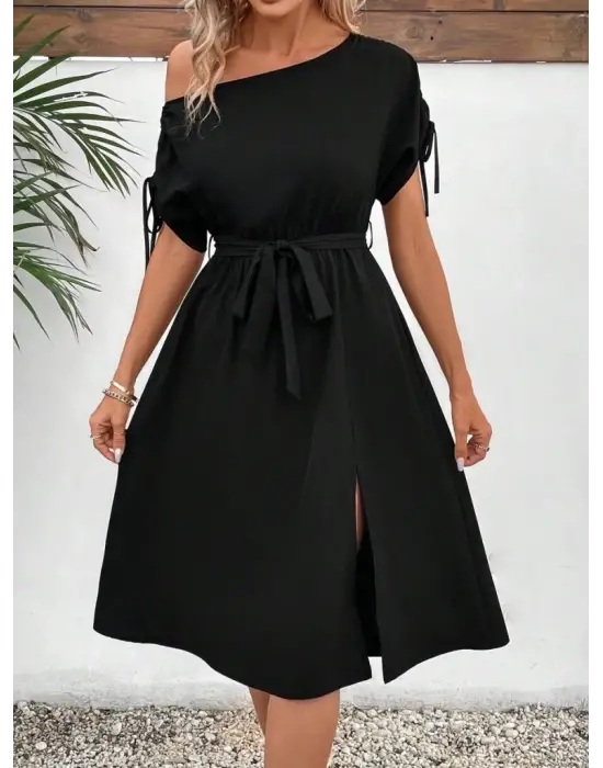 Omarı Fiyonk Detaylı Tek Omuz Viskon Elbise