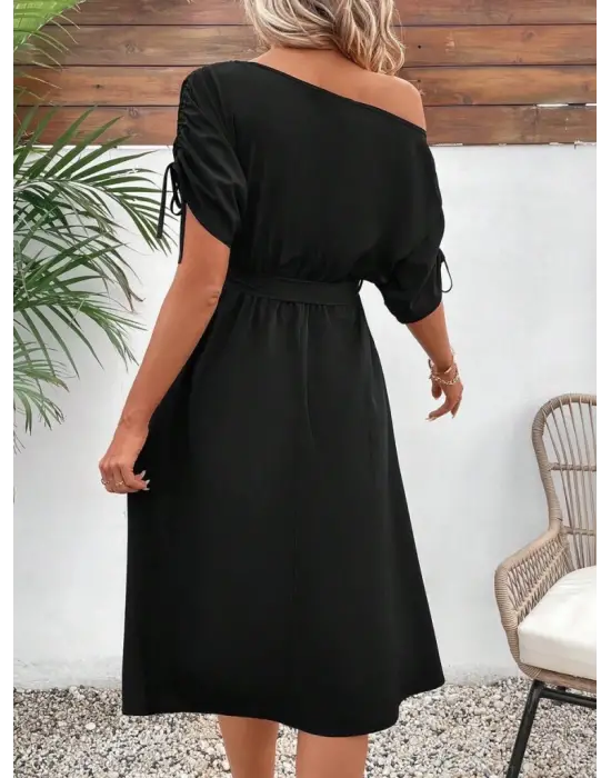 Omarı Fiyonk Detaylı Tek Omuz Viskon Elbise