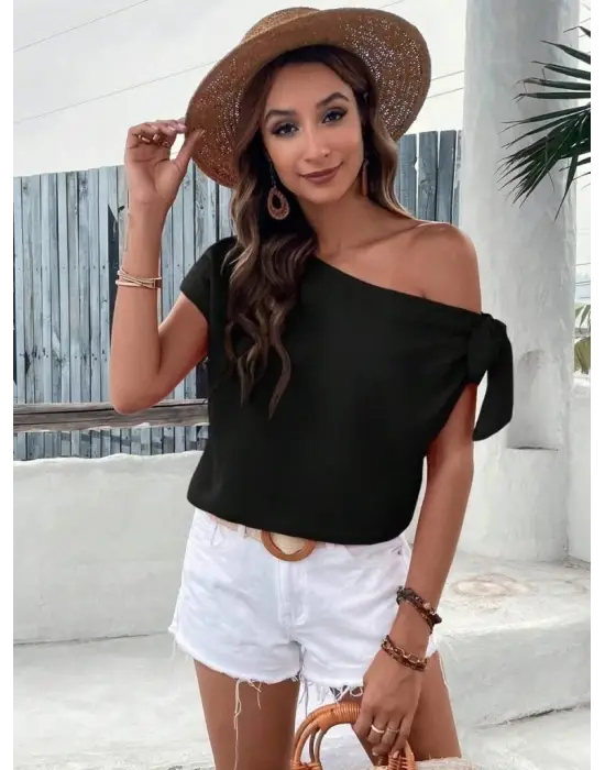 Kadın Tek Omuzu Açık Koldan Bağlamalı Janjan Krep Bluz