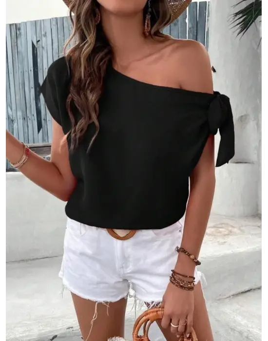 Kadın Tek Omuzu Açık Koldan Bağlamalı Janjan Krep Bluz