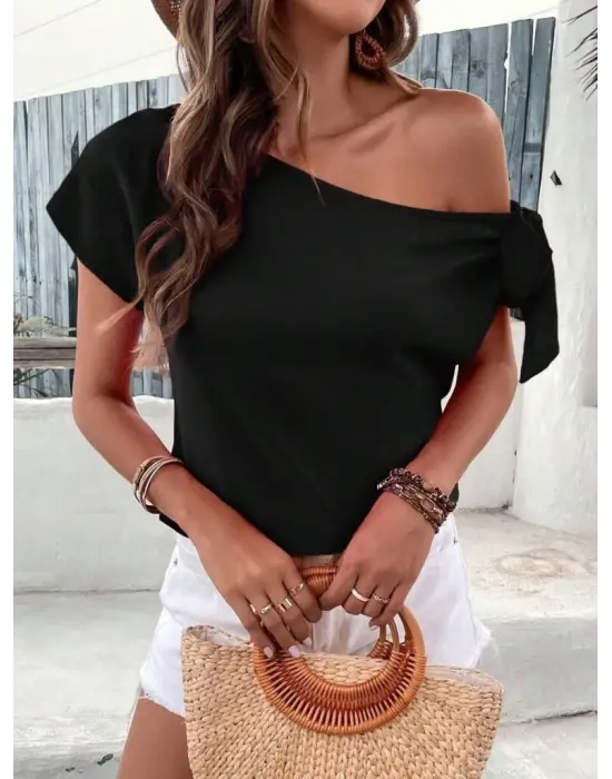 Kadın Tek Omuzu Açık Koldan Bağlamalı Janjan Krep Bluz