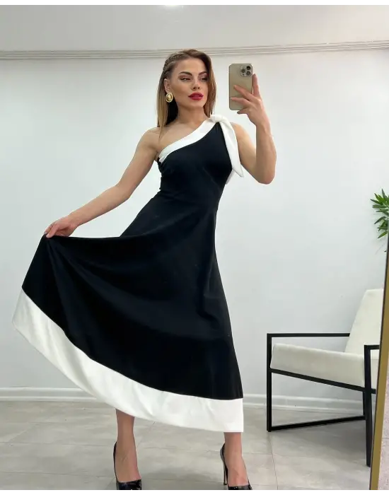 Kadın Tek Omuzu Açık Omuzlardan Kurdela Detaylı çift Renkli Ithal Krep Elbise