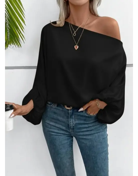 Kadın Tek Omuzu Açık Uzun Kollu Salaş Sandy Bluz
