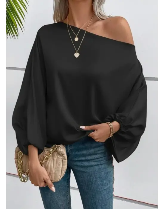 Kadın Tek Omuzu Açık Uzun Kollu Salaş Sandy Bluz