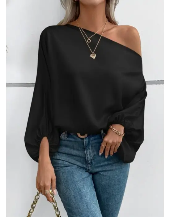 Kadın Tek Omuzu Açık Uzun Kollu Salaş Sandy Bluz