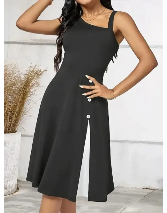 Kadın Tek Omuzu şerit Detaylı Kolsuz Yandan Düğme Detaylı Janjan Krep Elbise