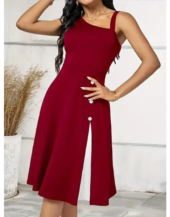 Omarı Kadın Yandan Düğme Detaylı Janjan Krep Elbise