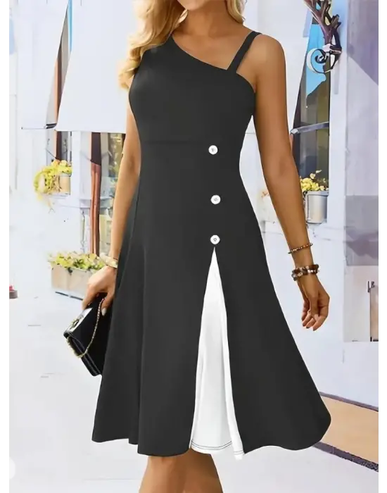 Kadın Tek Omuzu şerit Detaylı Kolsuz Yandan Düğme Detaylı Janjan Krep Elbise