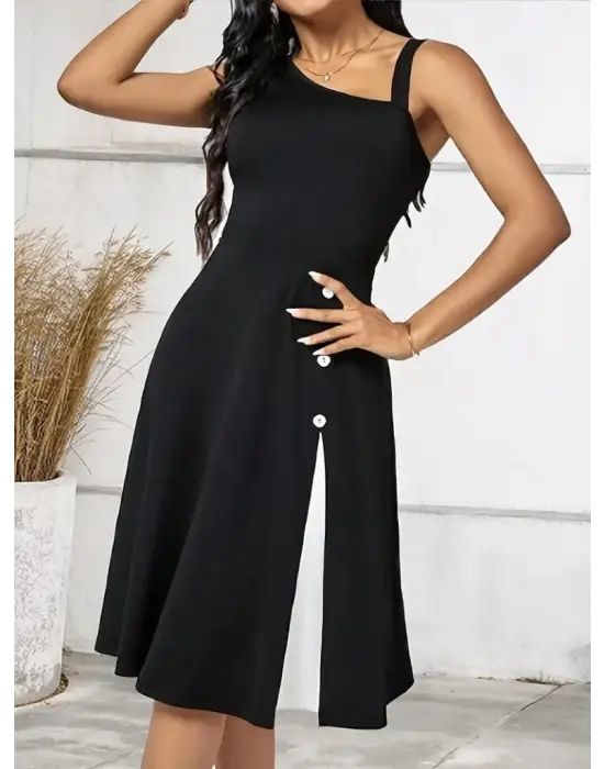 Omarı Tek Omuzlu Şerit Detaylı Janjan Krep Elbise