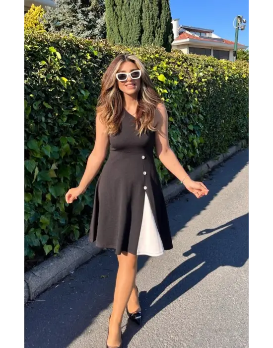 Kadın Tek Omuzu şerit Detaylı Sıfır Kol Yandan Düğme Detaylı Janjan Krep Elbise