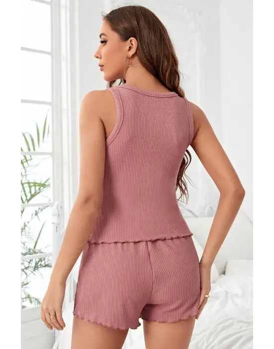 Omarı Tozlu Pembe Fırfırlı Şortlu Gecelik Takımı