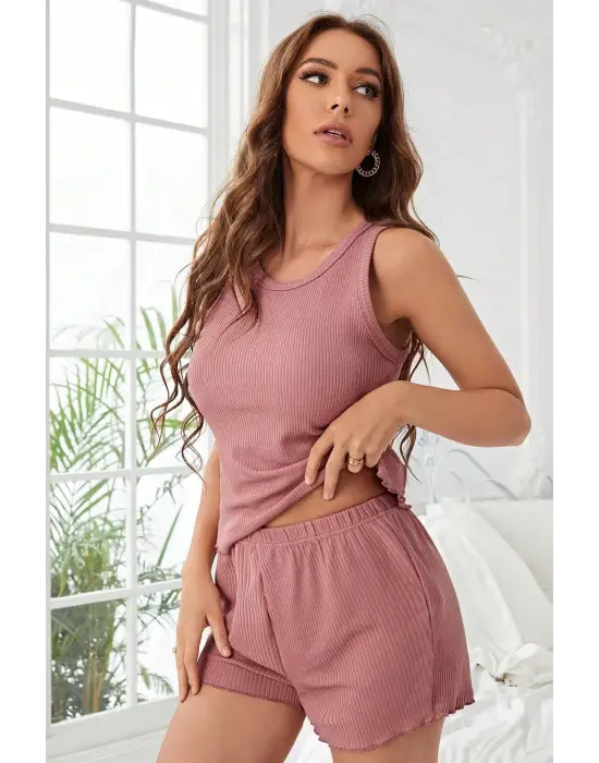 Omarı Tozlu Pembe Fırfırlı Şortlu Gecelik Takımı