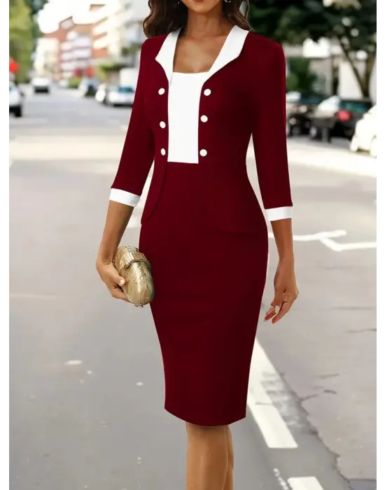 Kadın Truvakar Kol çift Renkli Düğmeli Kısa Ithal Krep Elbise